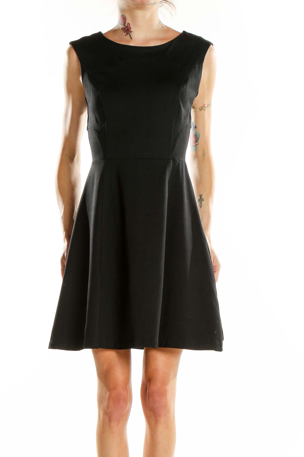 Front view of Cynthia Rowley black sleeveless fit-and-flare dress