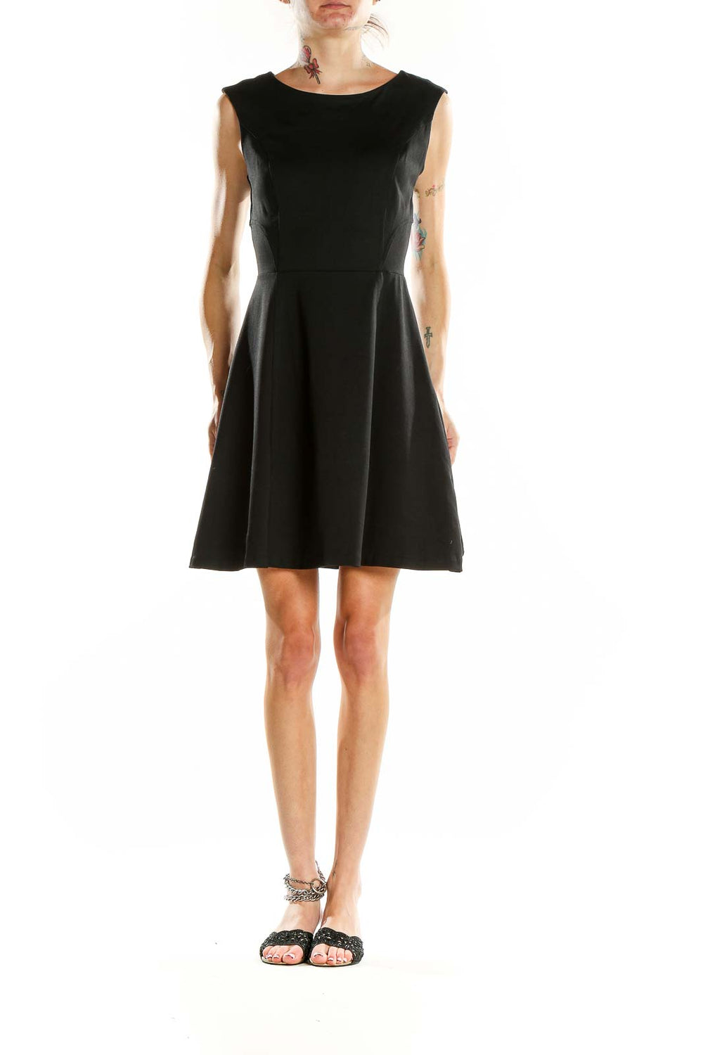 Front view of Cynthia Rowley black sleeveless fit-and-flare dress