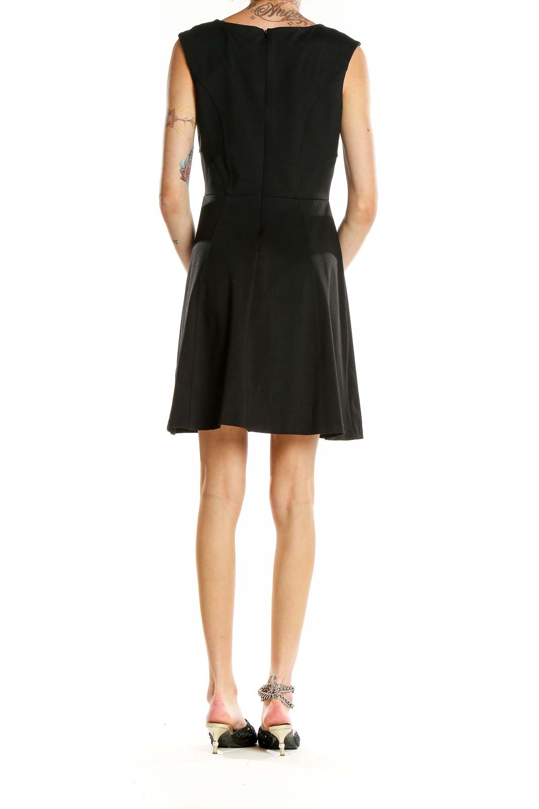 Back view of Cynthia Rowley black sleeveless fit-and-flare dress