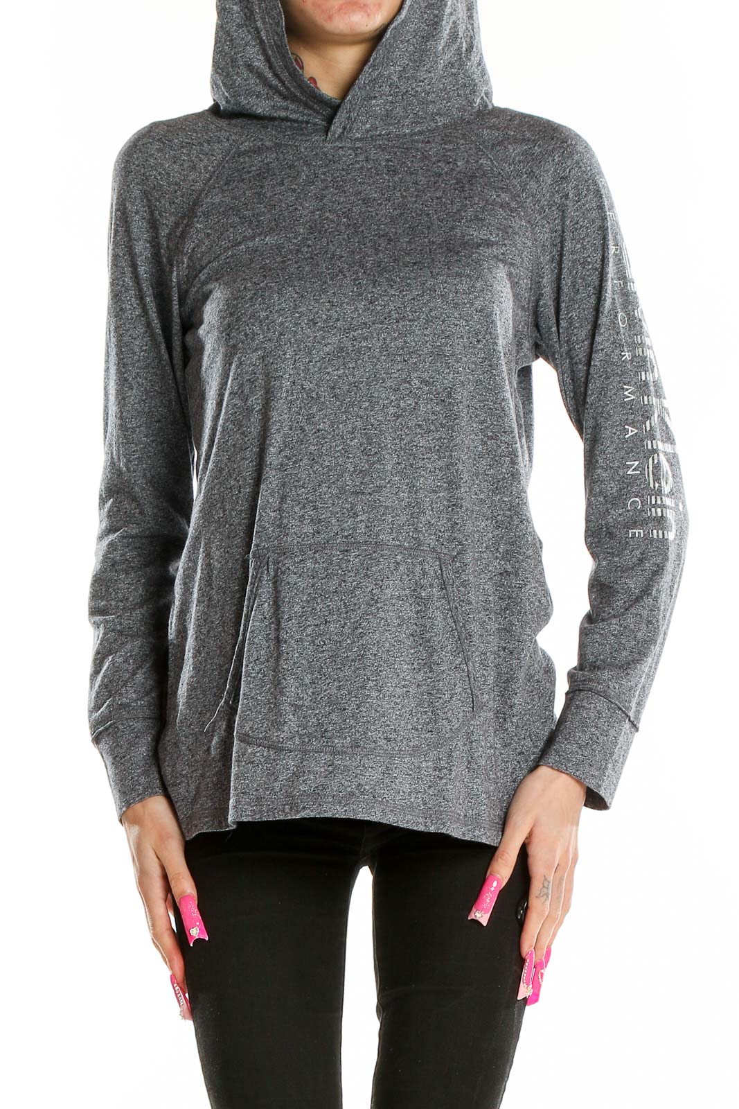 Front view of gray Calvin Klein Performance hooded sweatshirt