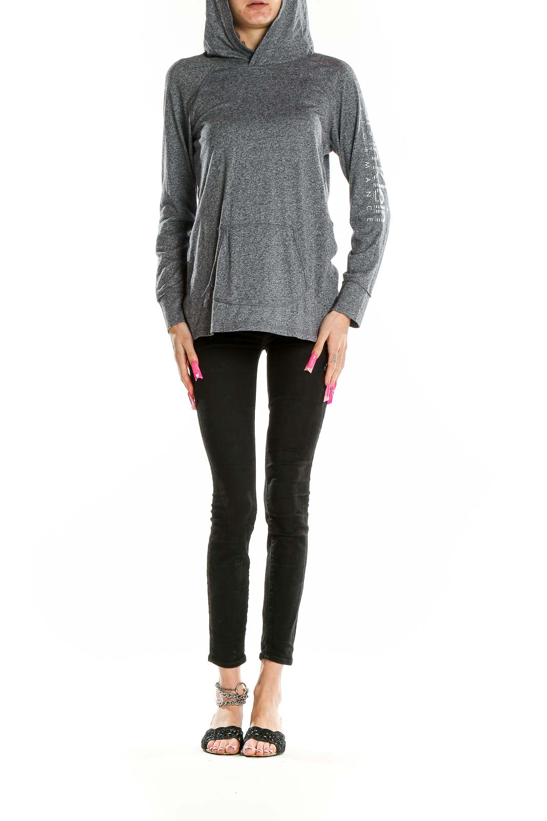 Front view of gray Calvin Klein Performance hooded sweatshirt