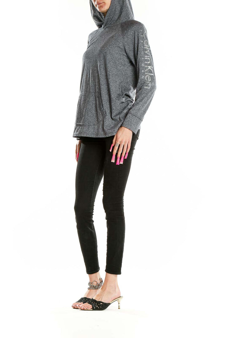 Front view of gray Calvin Klein Performance hooded sweatshirt