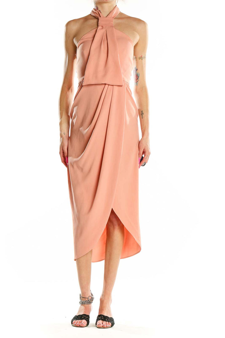 Front view of Shona Joy peach halter neck midi dress with wrap-style skirt