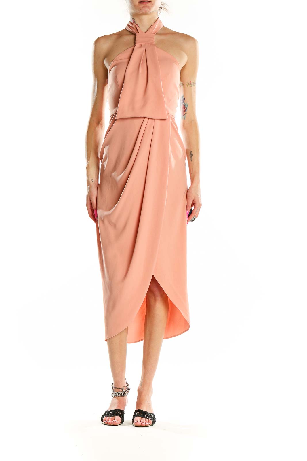 Front view of Shona Joy peach halter neck midi dress with wrap-style skirt