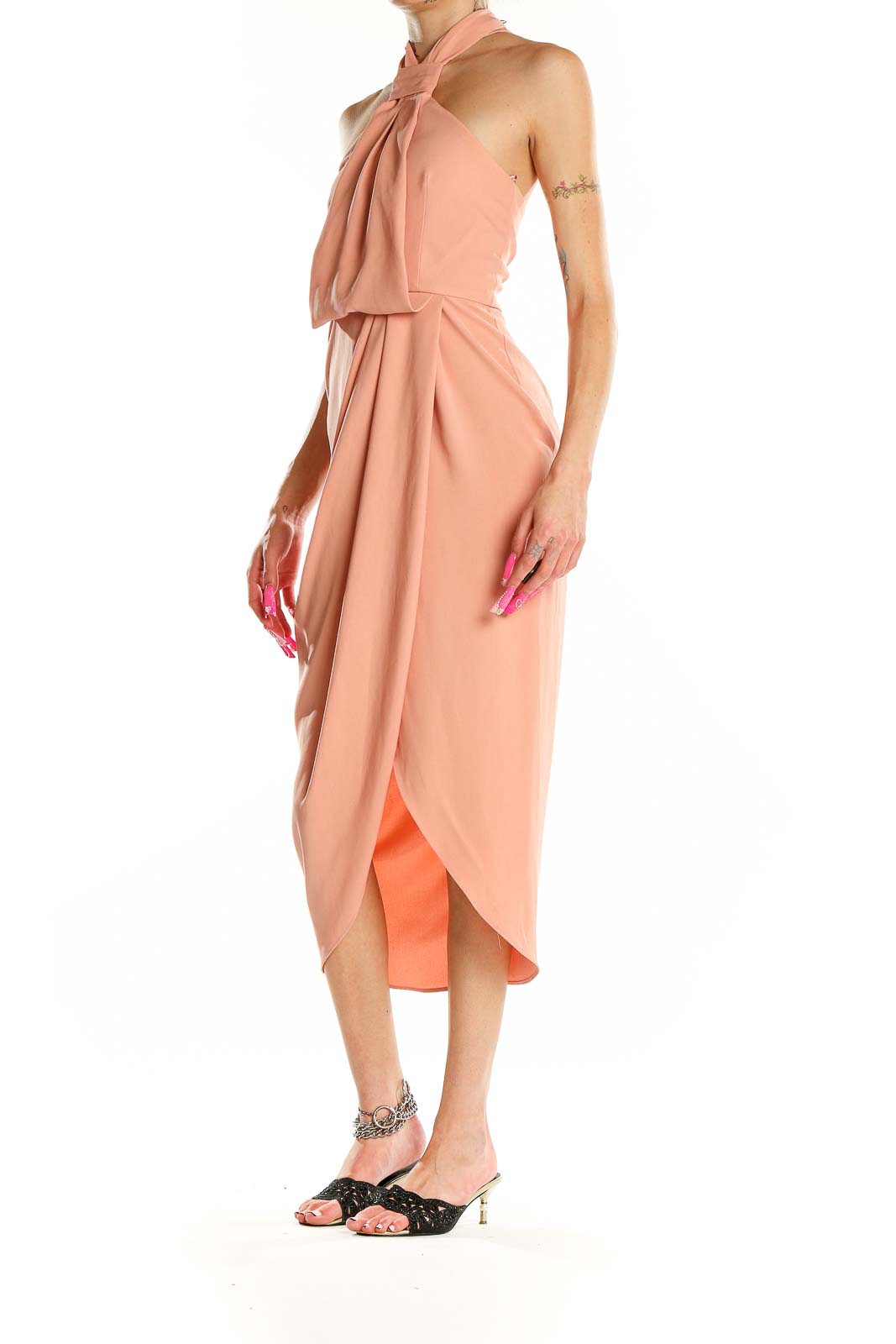 Front view of Shona Joy peach halter neck midi dress with wrap-style skirt