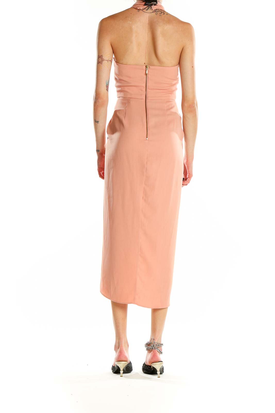 Back view of Shona Joy peach halter neck midi dress showing elegant drape