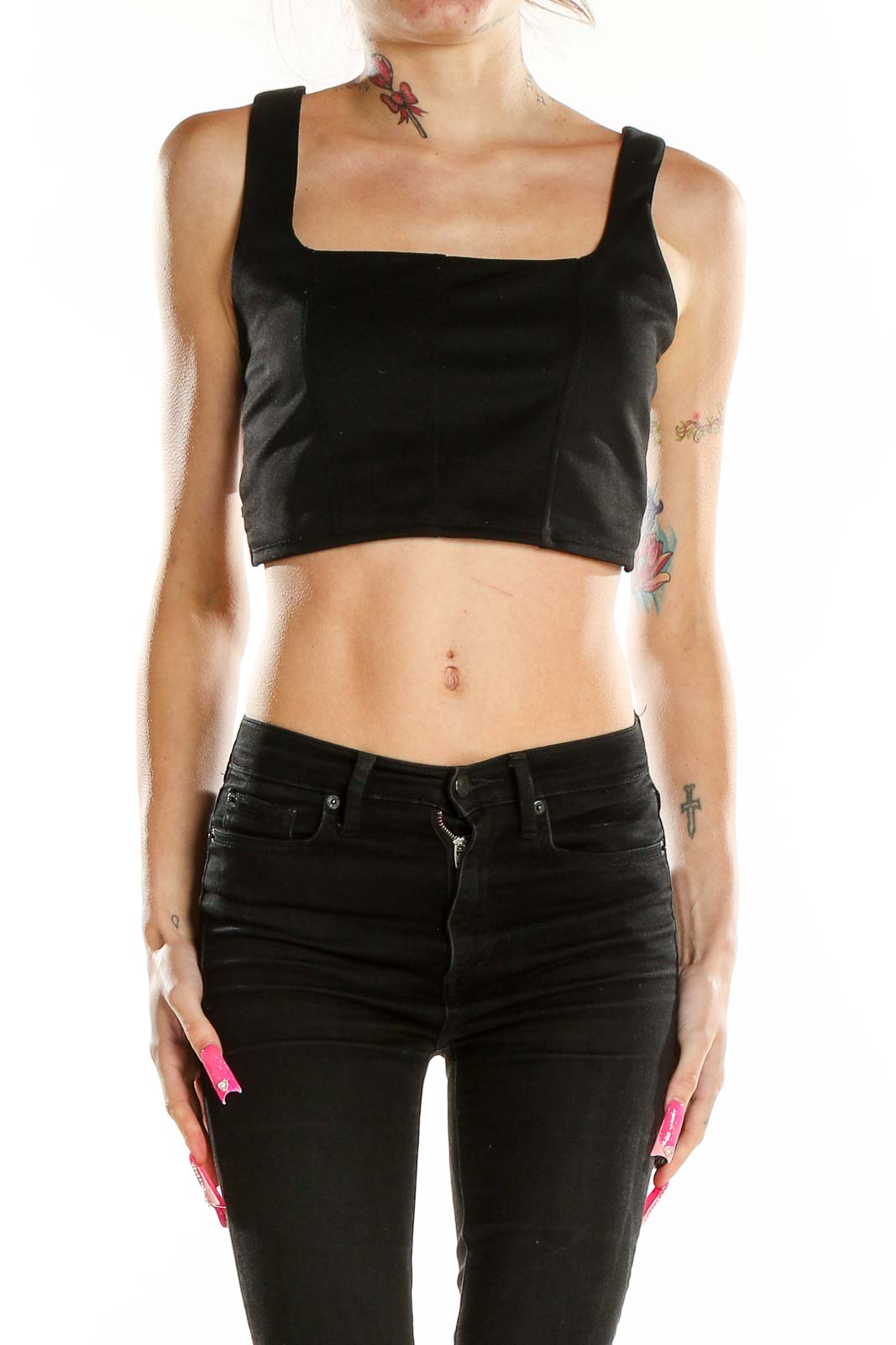 Front view of black bar III cropped tank top with square neckline