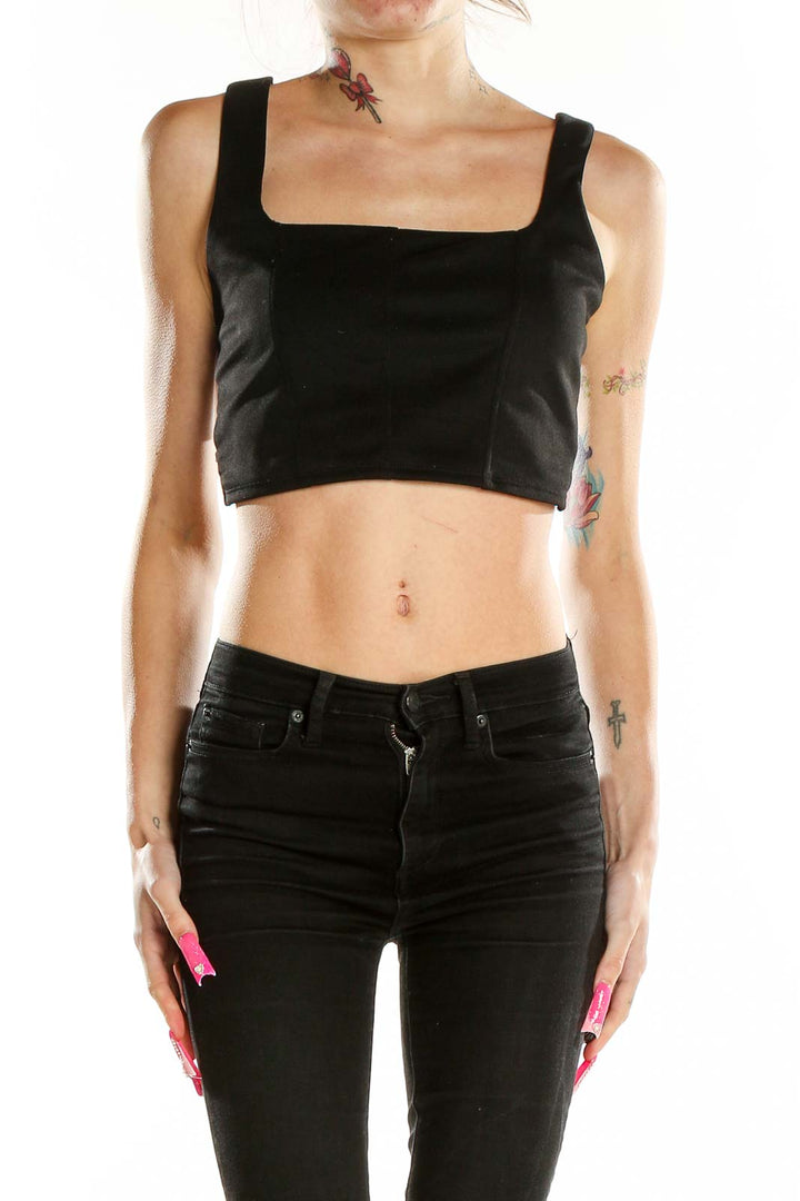 Front view of black bar III cropped tank top with square neckline