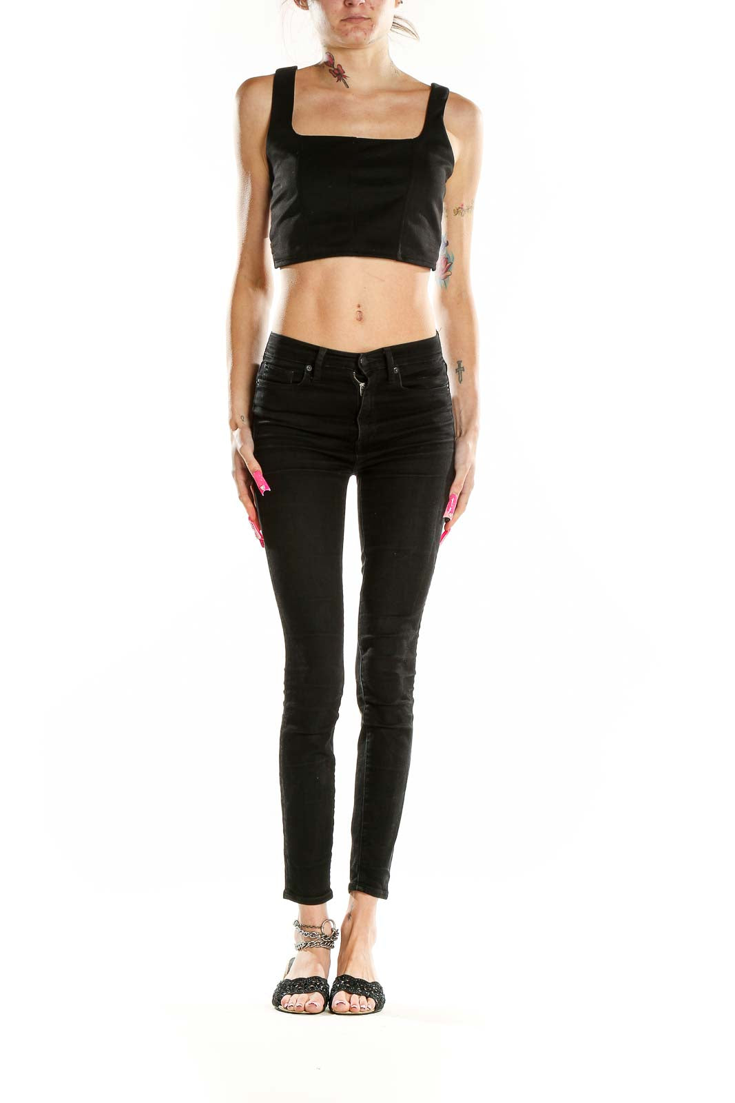 Front view of black bar III cropped tank top with square neckline