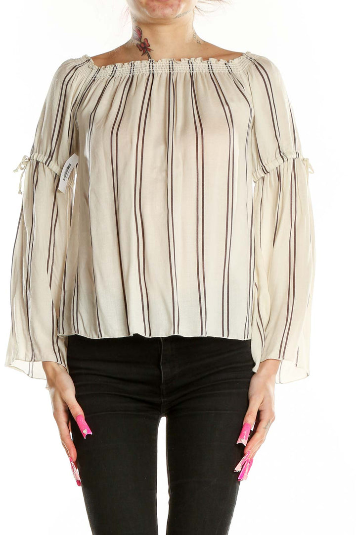 Front view of Chaser beige striped off-shoulder blouse with long bell sleeves