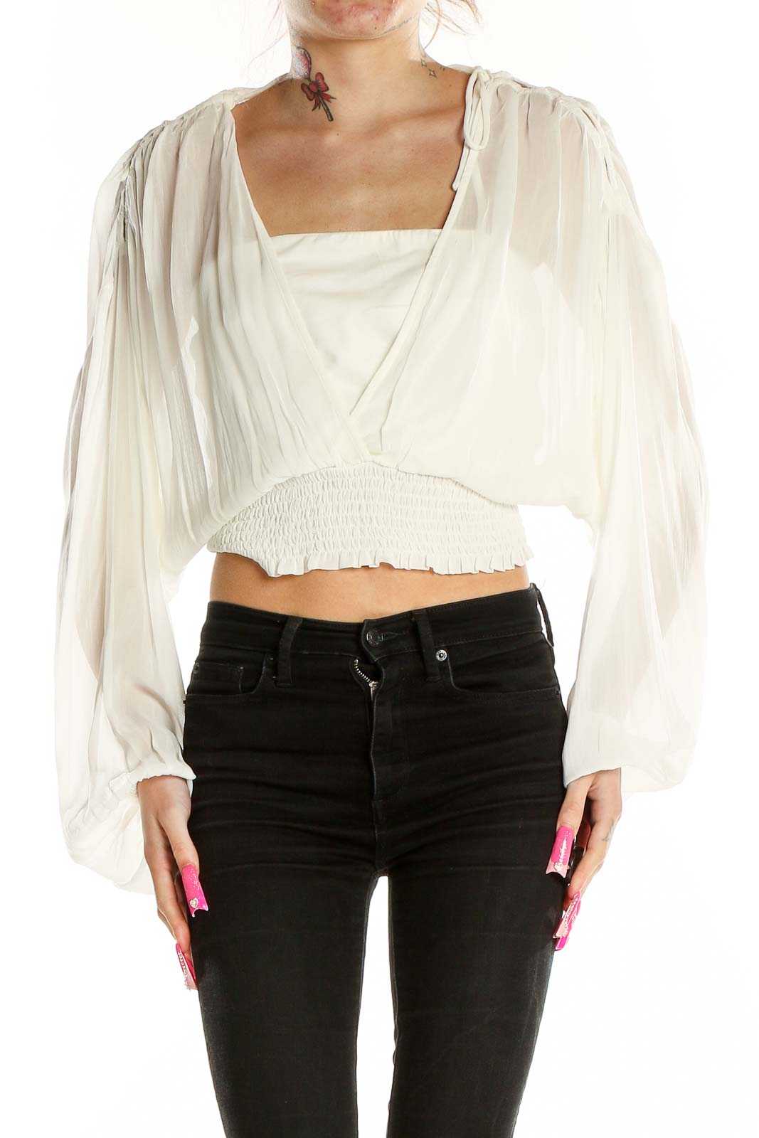 Front view of Anthropologie white sheer cropped peasant blouse with billowing sleeves