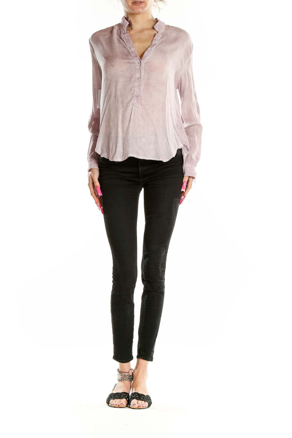 Front view of cloth & stone blush pink rayon button-up blouse