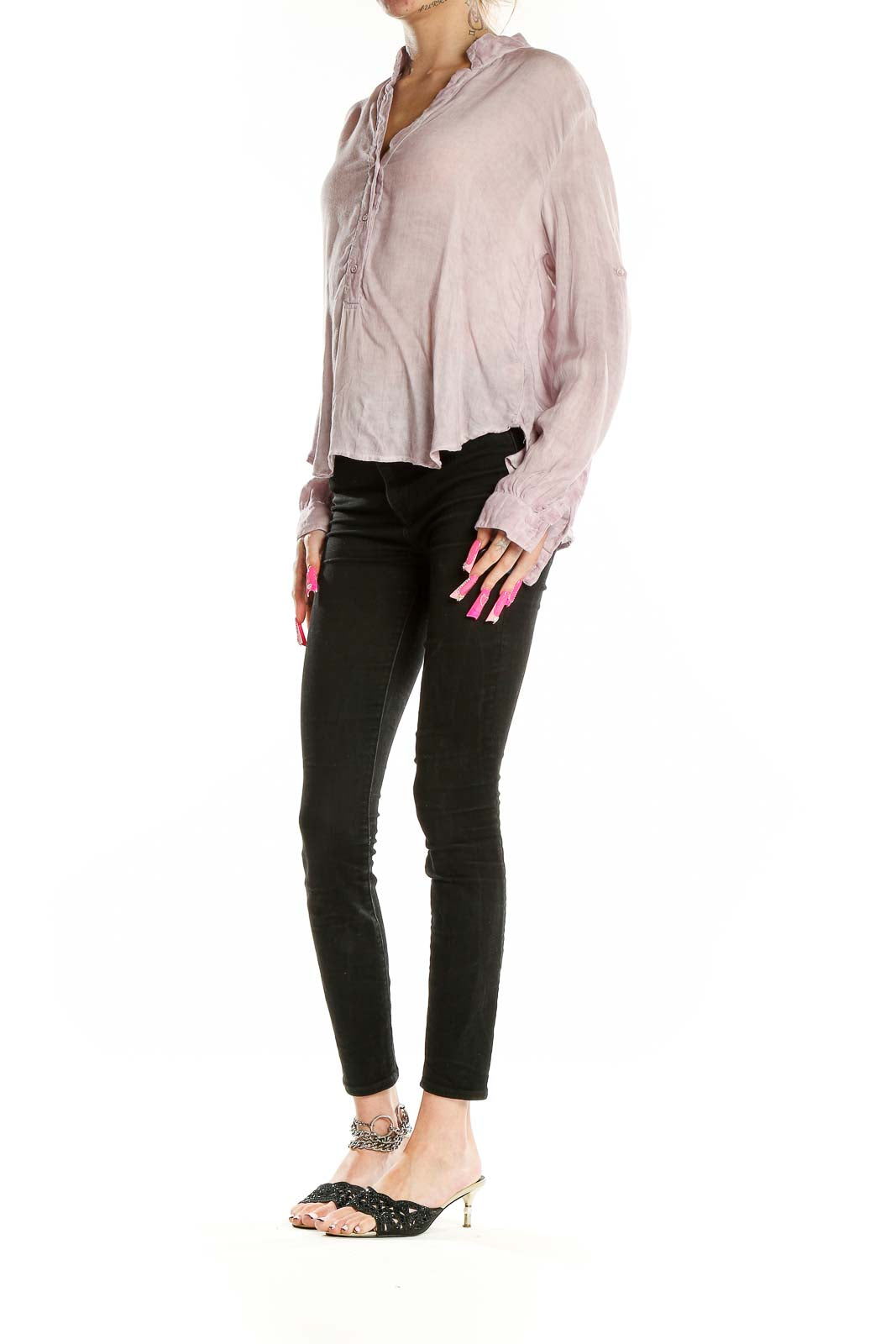 Front view of cloth & stone blush pink rayon button-up blouse