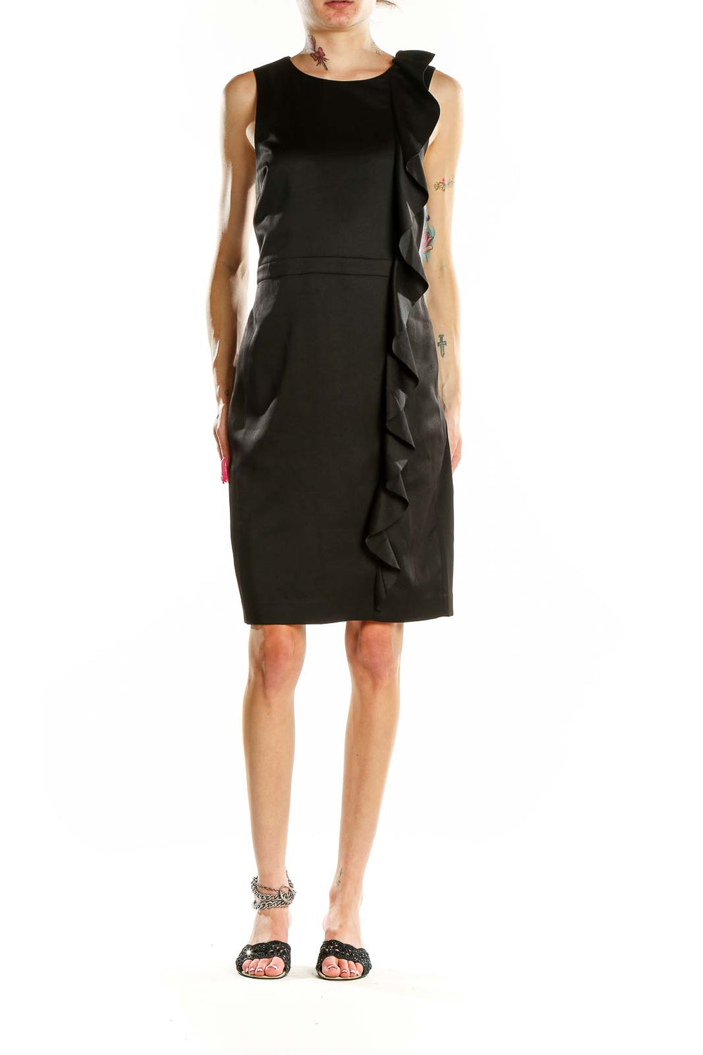 Front view of black Banana Republic sheath dress with side ruffle detail