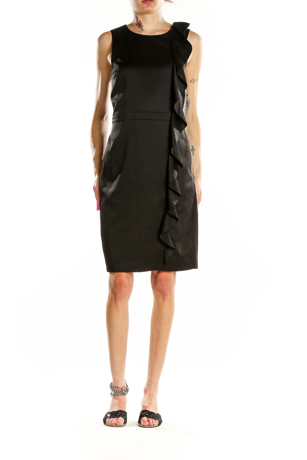 Front view of black Banana Republic sheath dress with side ruffle detail