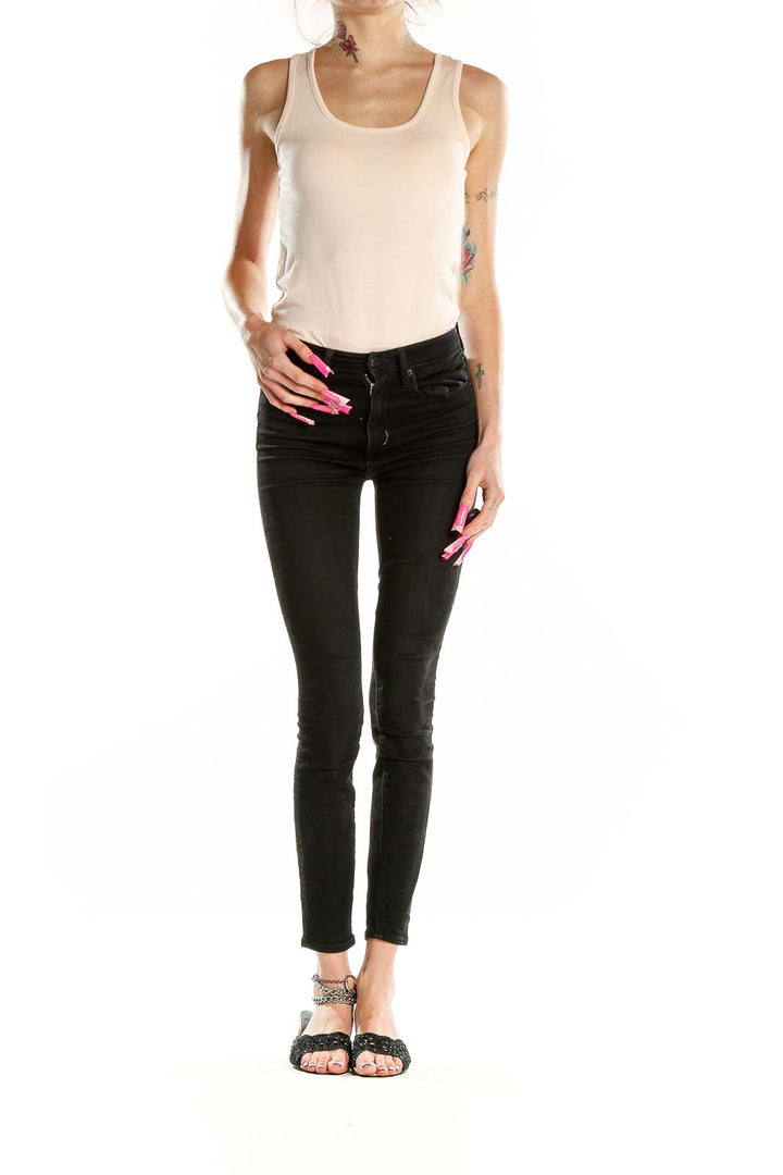 Front view of J.Crew beige sleeveless tank top on model