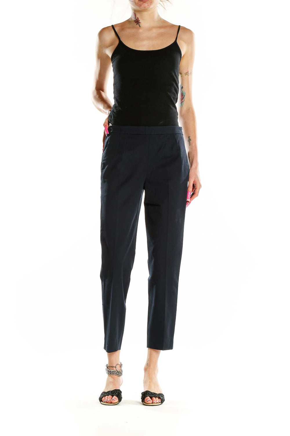 Front view of J.Crew navy cropped slim-fit trousers on model