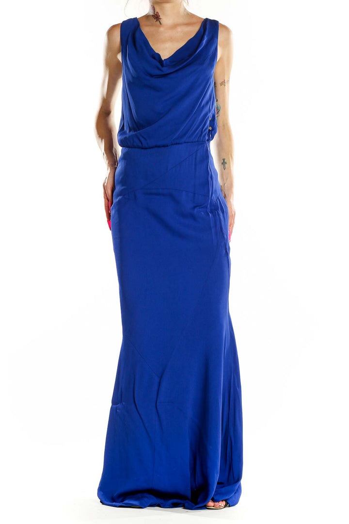 Front view of Nicole Miller royal blue cowl neck maxi dress