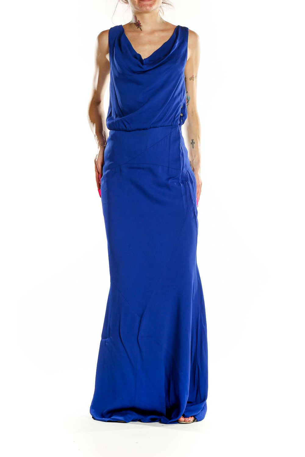 Front view of Nicole Miller royal blue cowl neck maxi dress