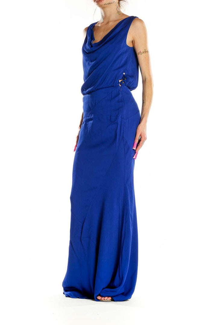 Front view of Nicole Miller royal blue cowl neck maxi dress