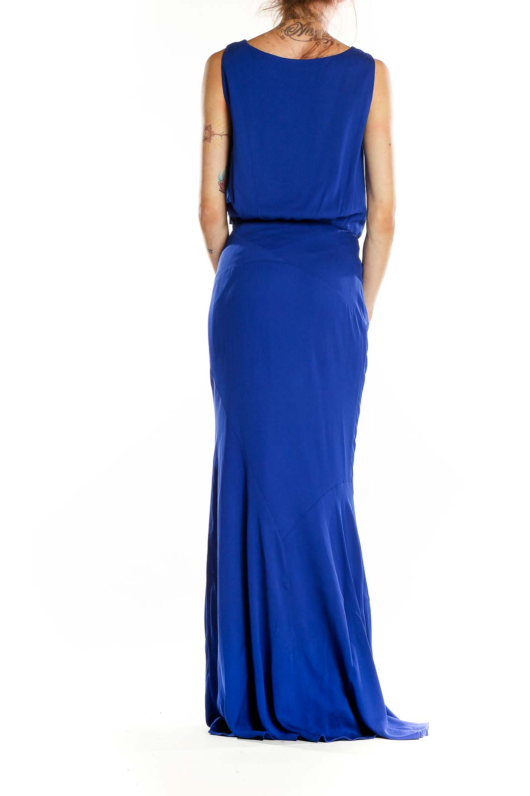 Side view of Nicole Miller royal blue cowl neck maxi dress