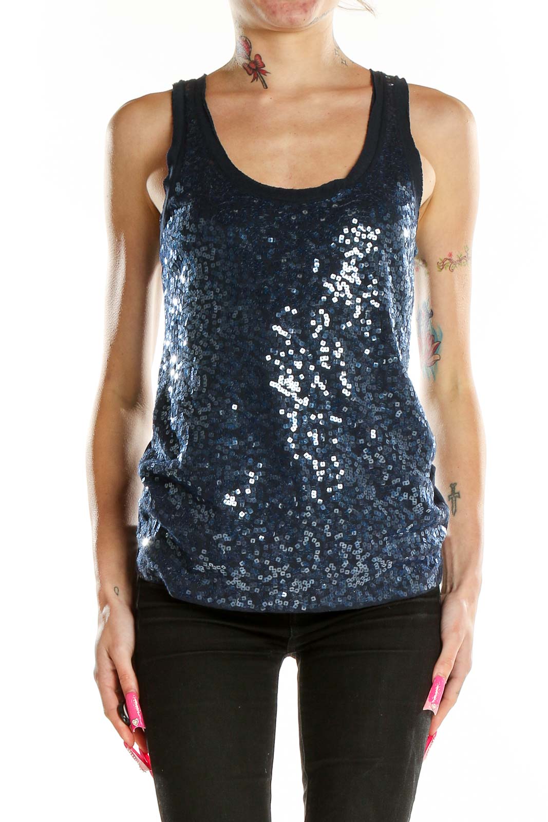 Front view of J.Crew navy sequin tank top on model