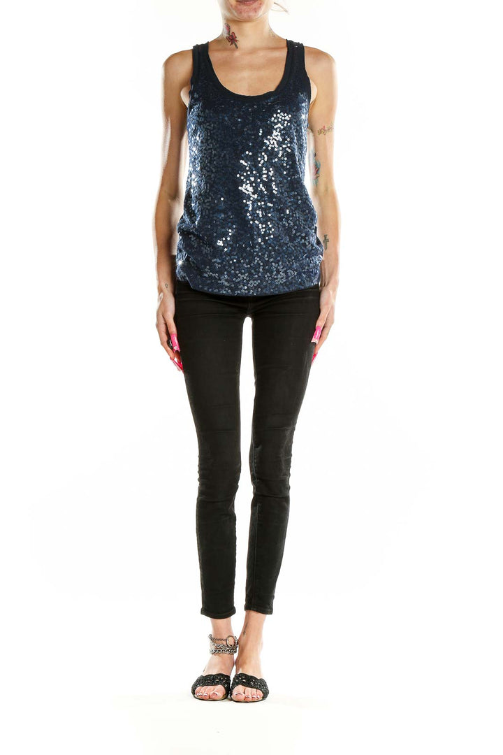 Front view of J.Crew navy sequin tank top on model