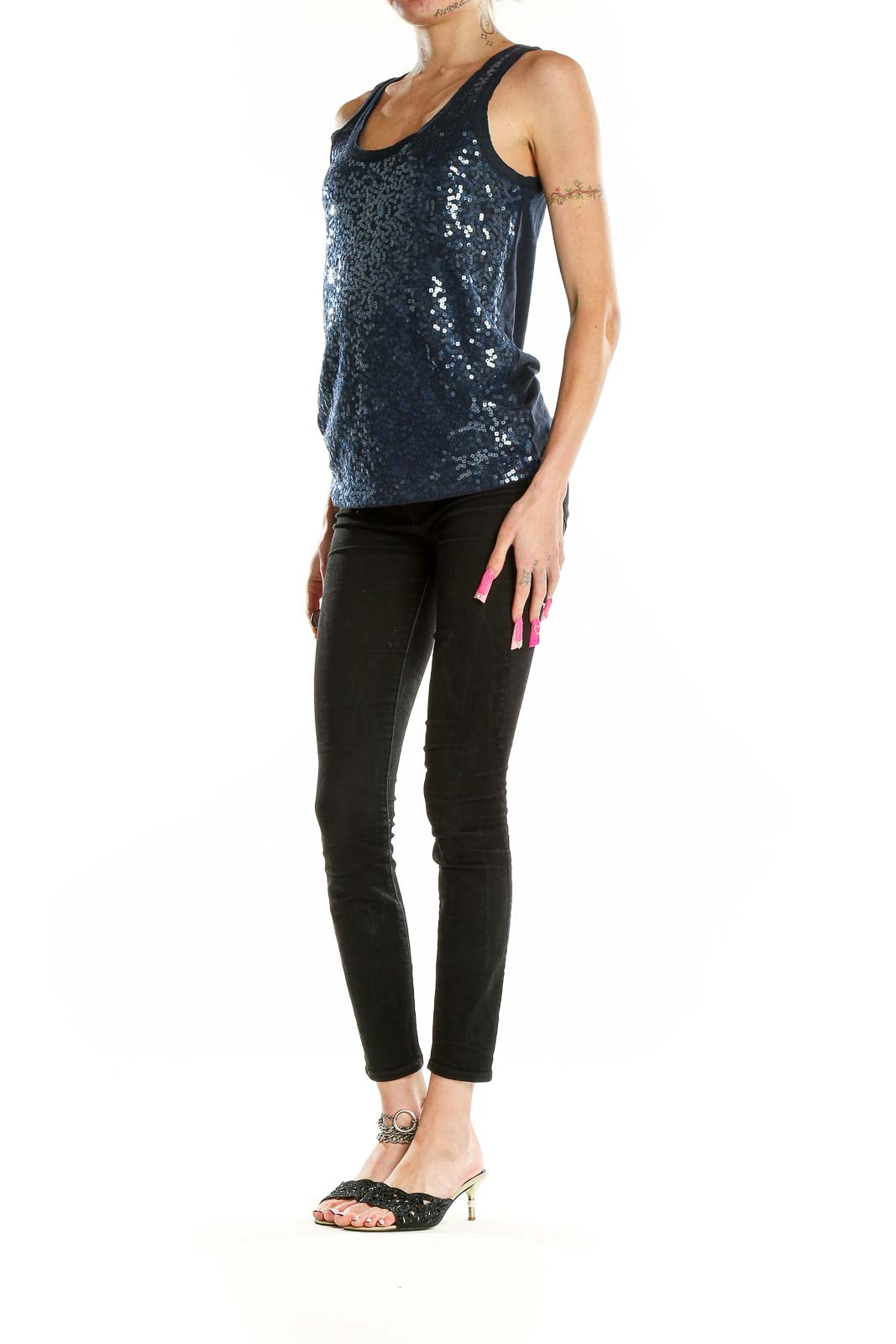 Front view of J.Crew navy sequin tank top on model