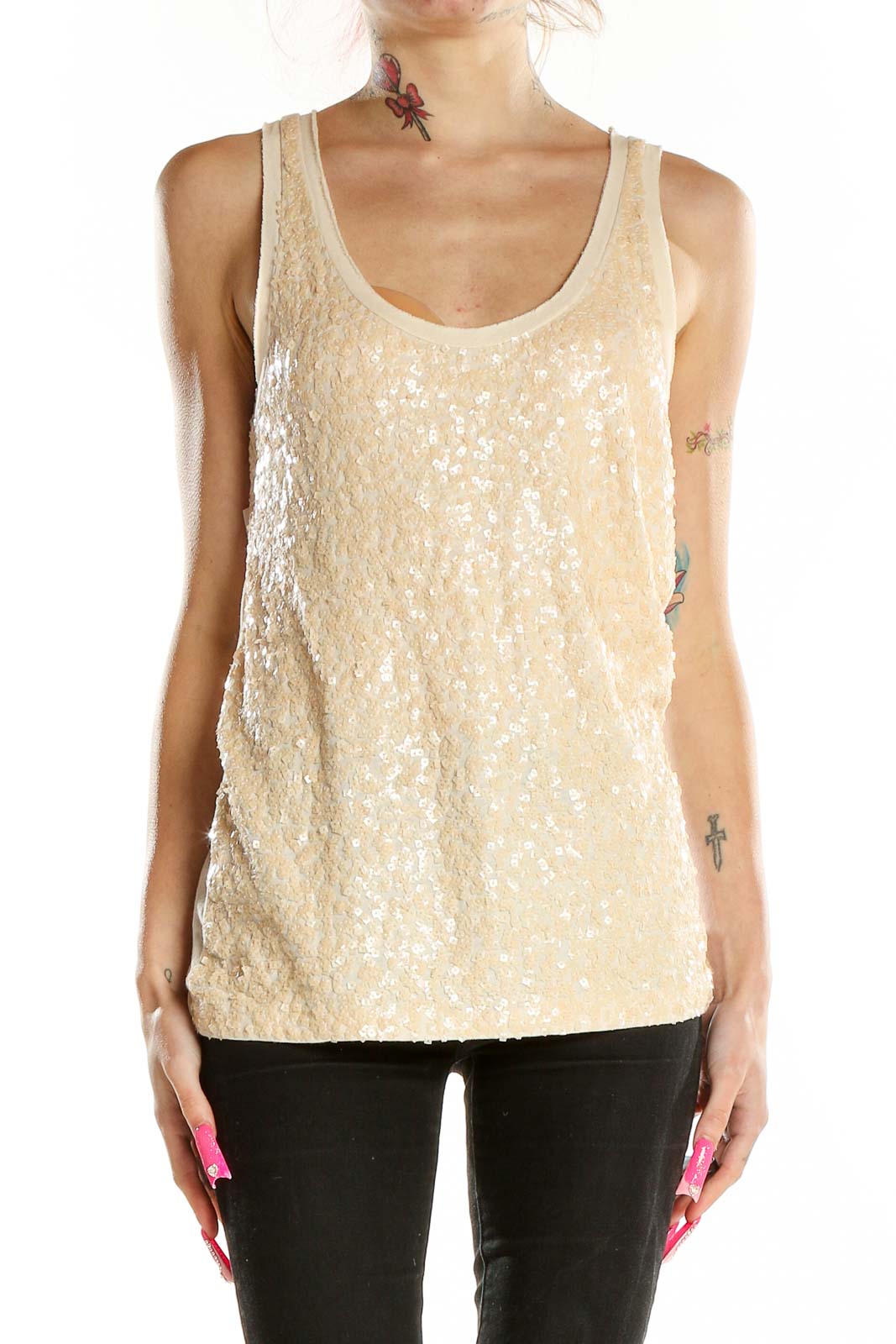 Front view of J.Crew cream sequined tank top on model