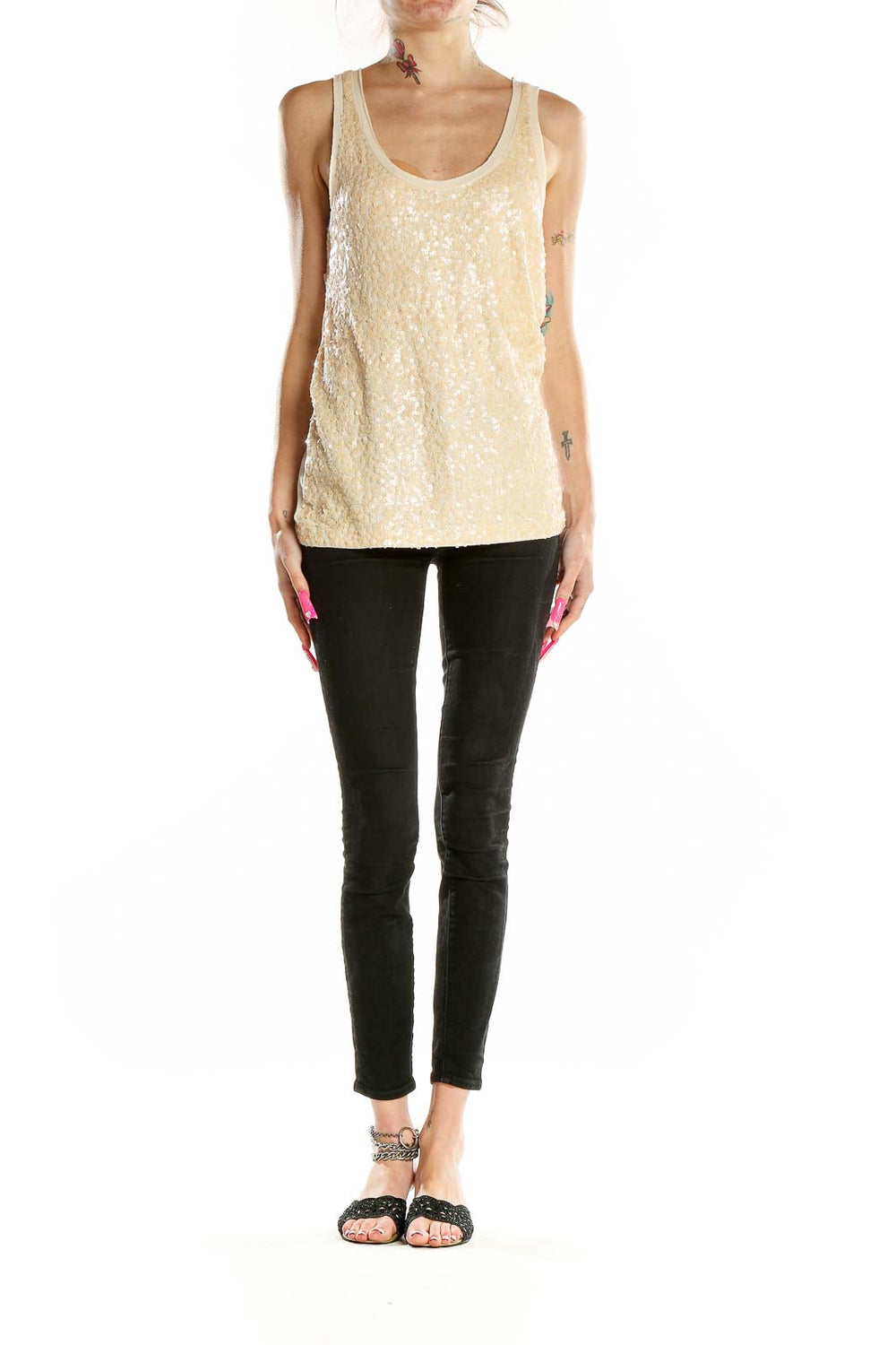 Front view of J.Crew cream sequined tank top on model