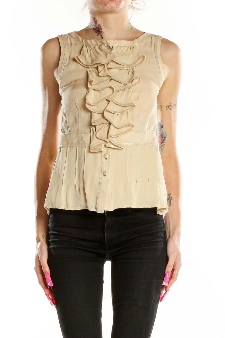Front view of Nanette Lepore beige metallic silk sleeveless top with ruffle detail