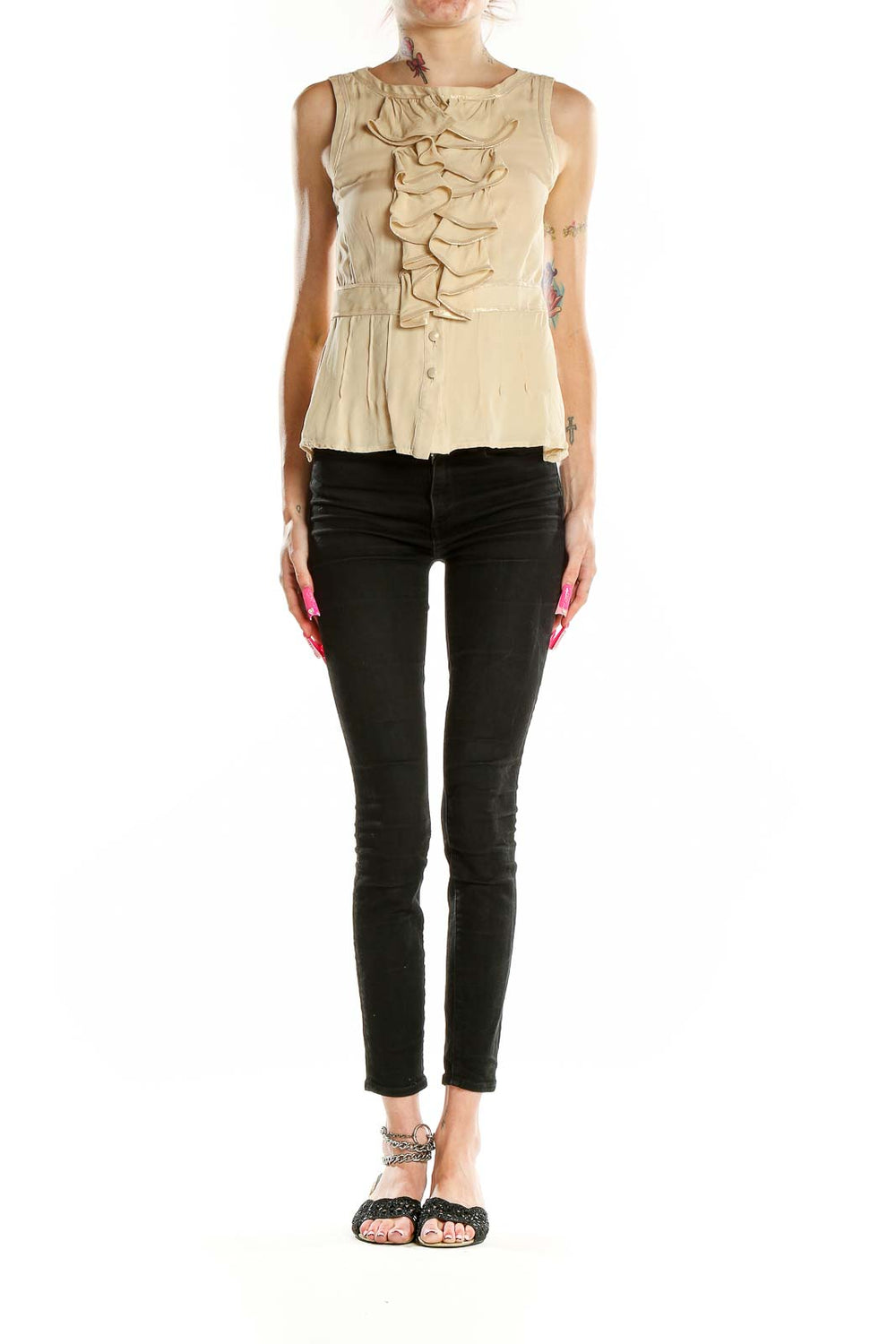 Front view of Nanette Lepore beige metallic silk sleeveless top with ruffle detail