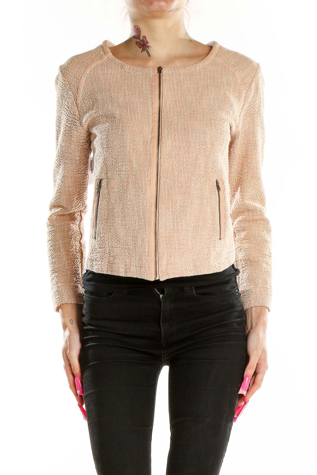 Front view of Humanoid blush textured zip-up cropped jacket