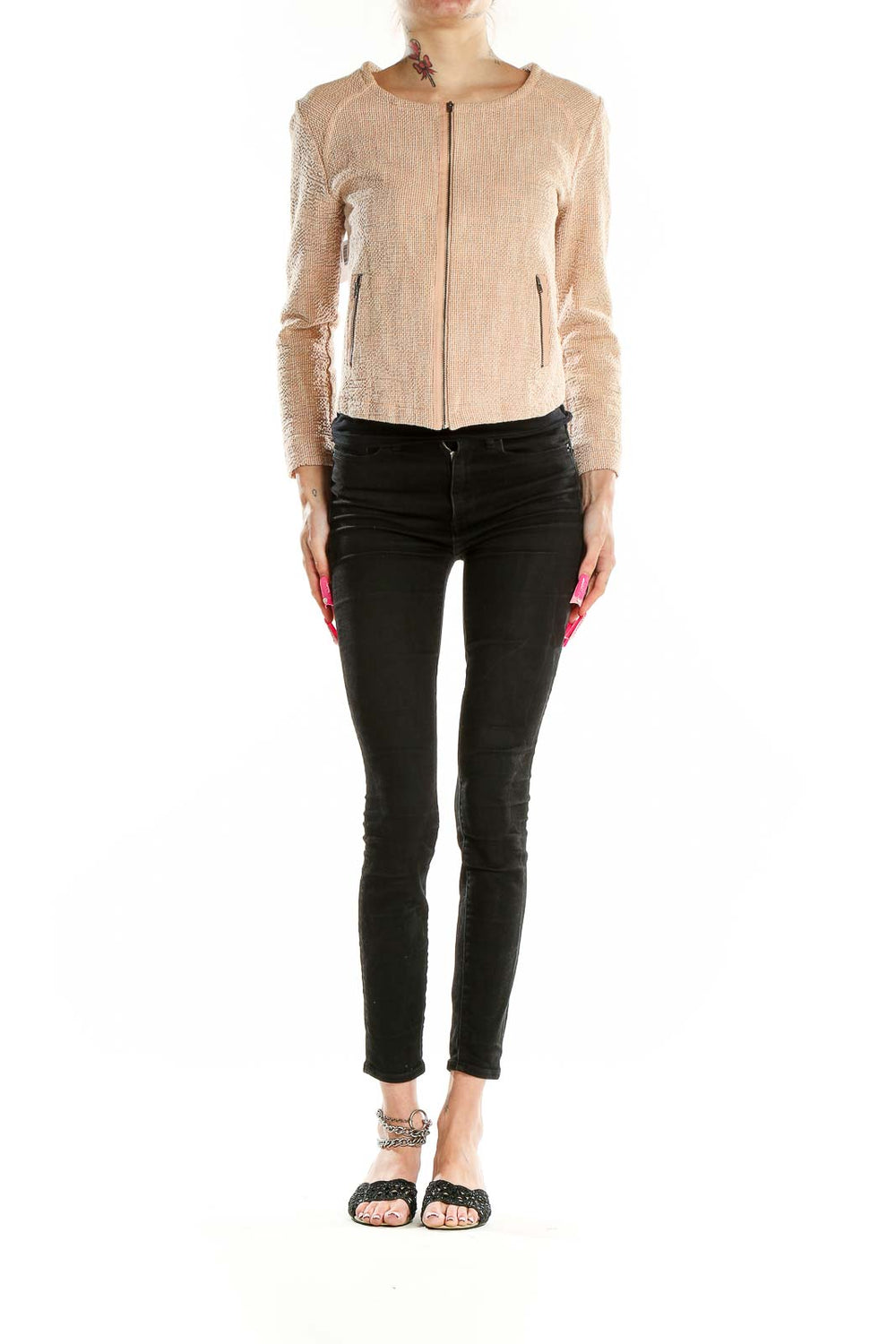 Front view of Humanoid blush textured zip-up cropped jacket