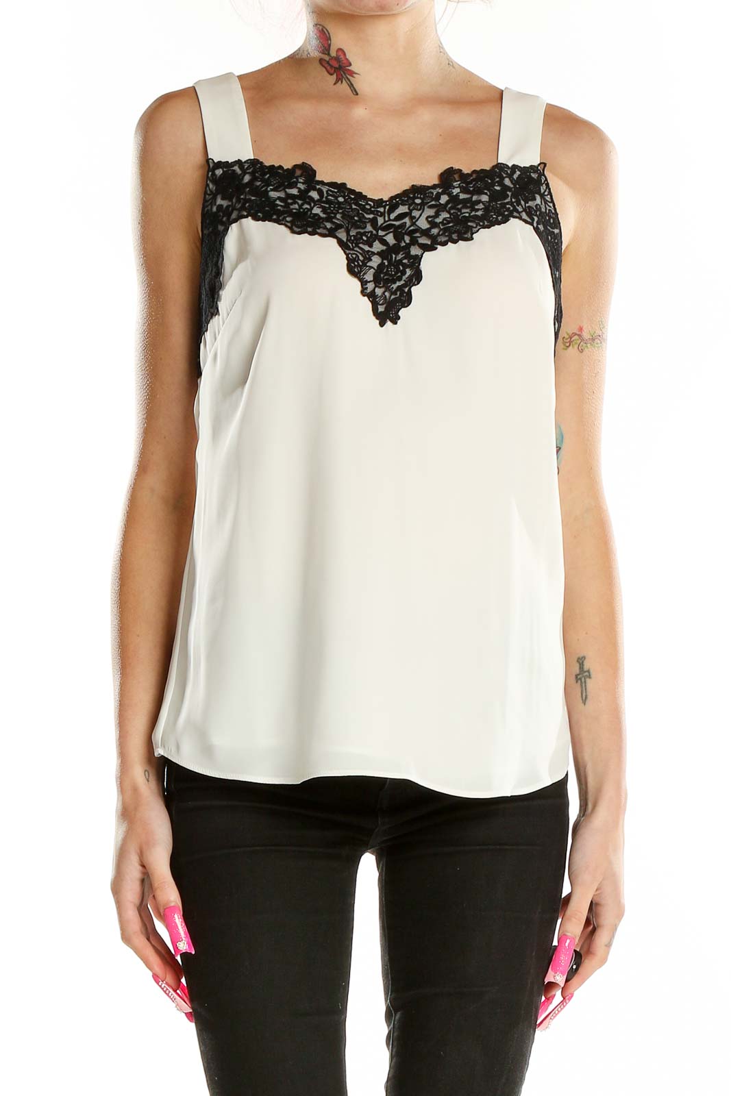 Front view of White House Black Market sleeveless blouse with black lace trim