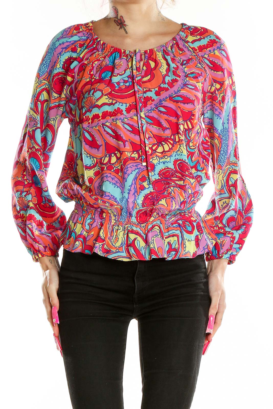 Front view of Lilly Pulitzer multicolor silk peasant blouse with paisley print