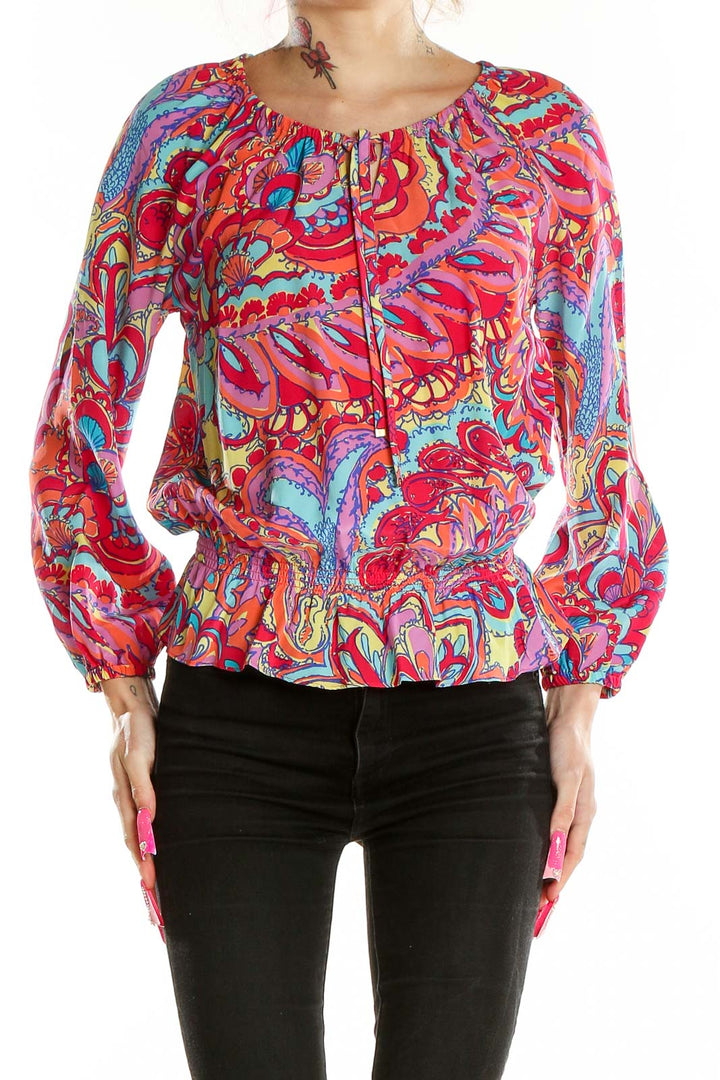 Front view of Lilly Pulitzer multicolor silk peasant blouse with paisley print