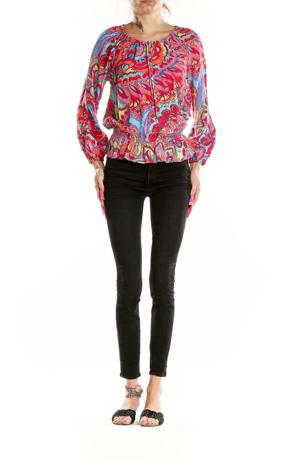 Front view of Lilly Pulitzer multicolor silk peasant blouse with paisley print