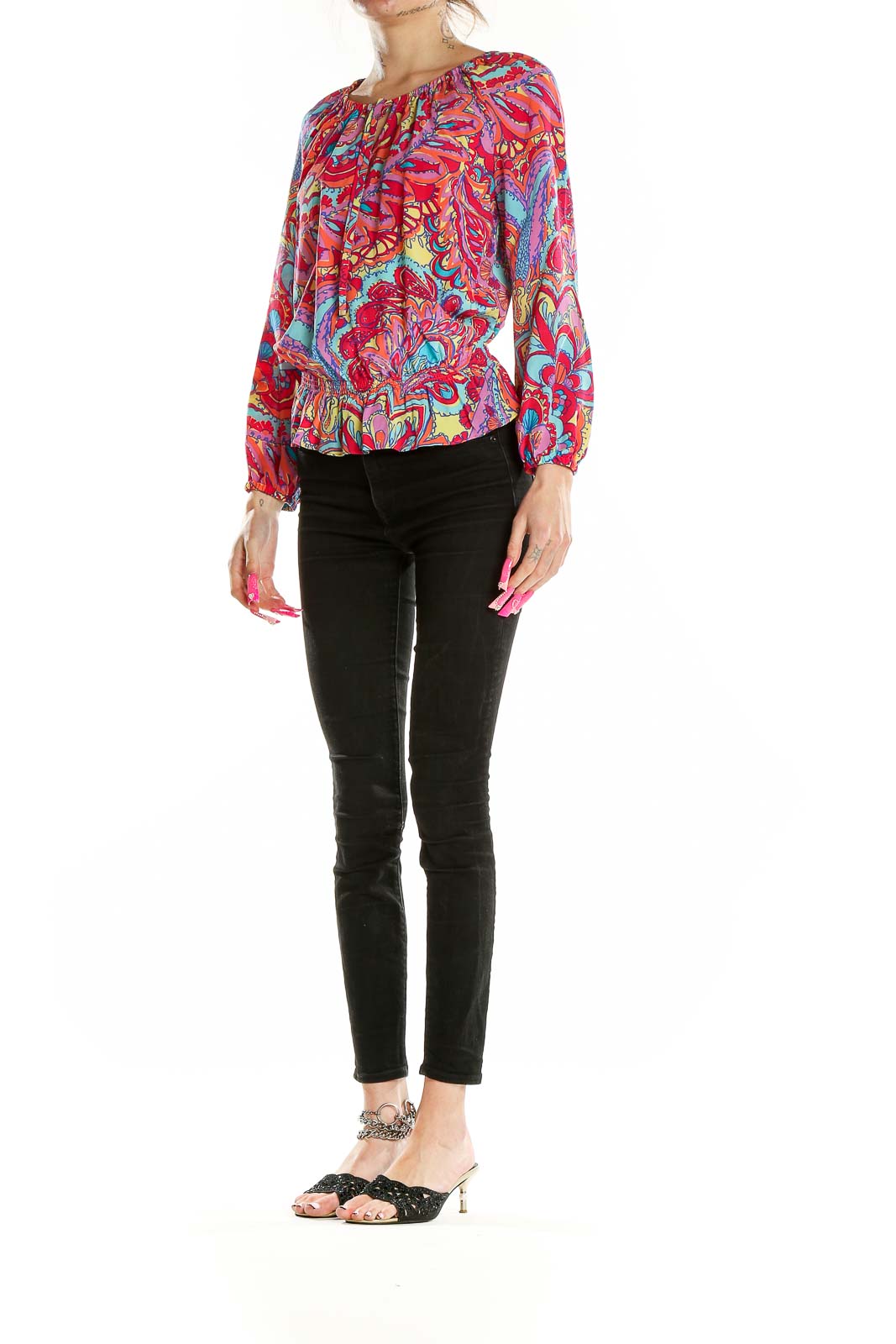 Front view of Lilly Pulitzer multicolor silk peasant blouse with paisley print