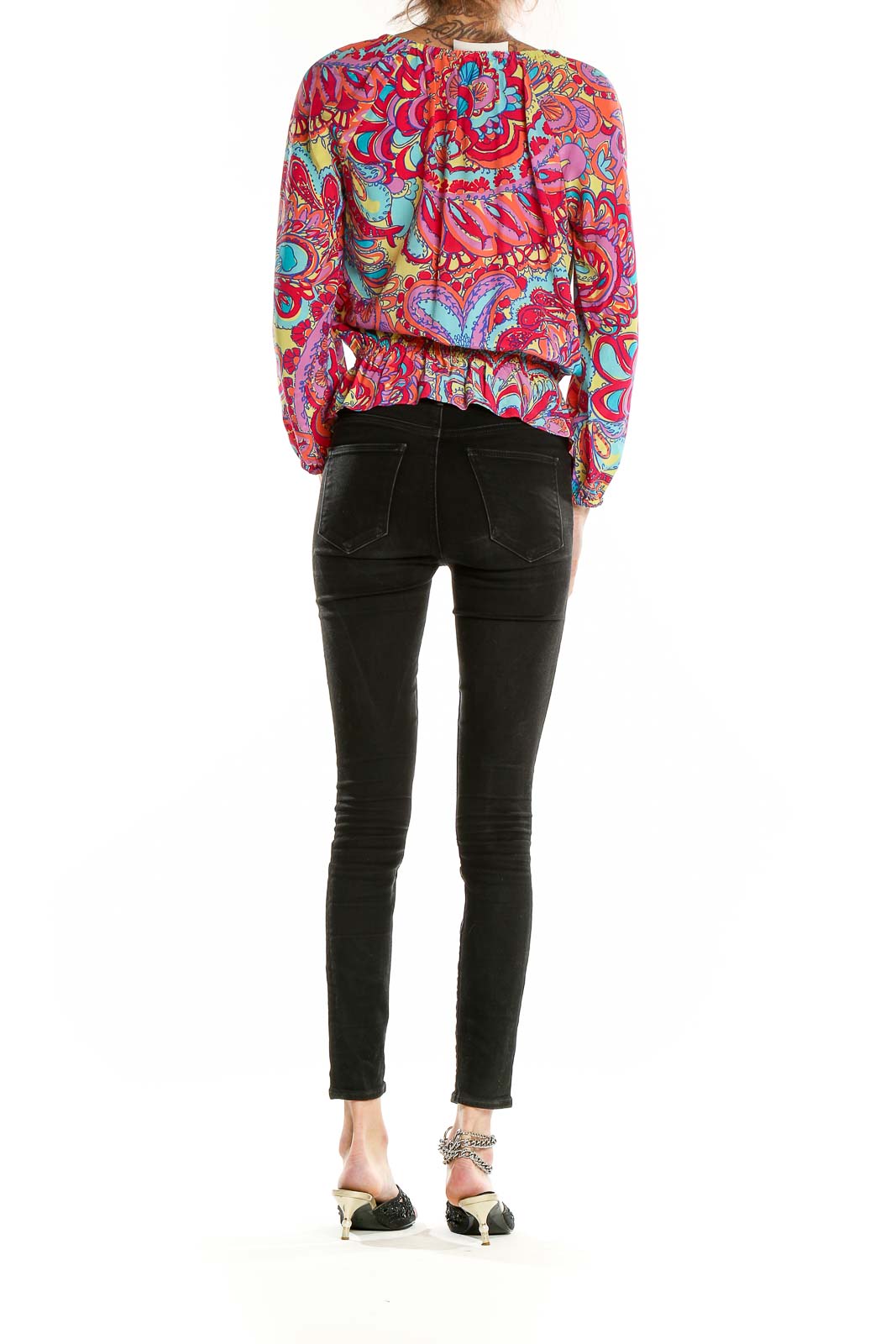 Back view of Lilly Pulitzer multicolor silk peasant blouse showing full pattern