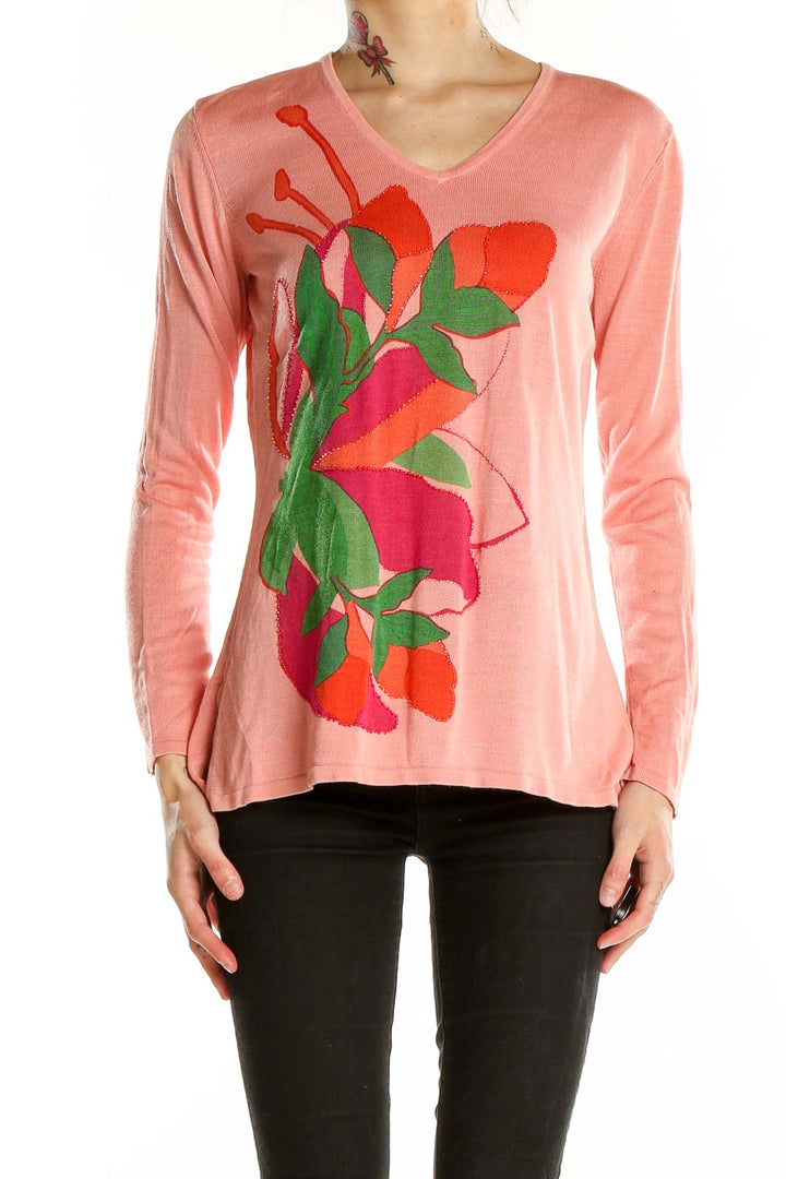 Front view of pink floral silk V-neck knit top by Silk Assets Diane Von Furstenberg