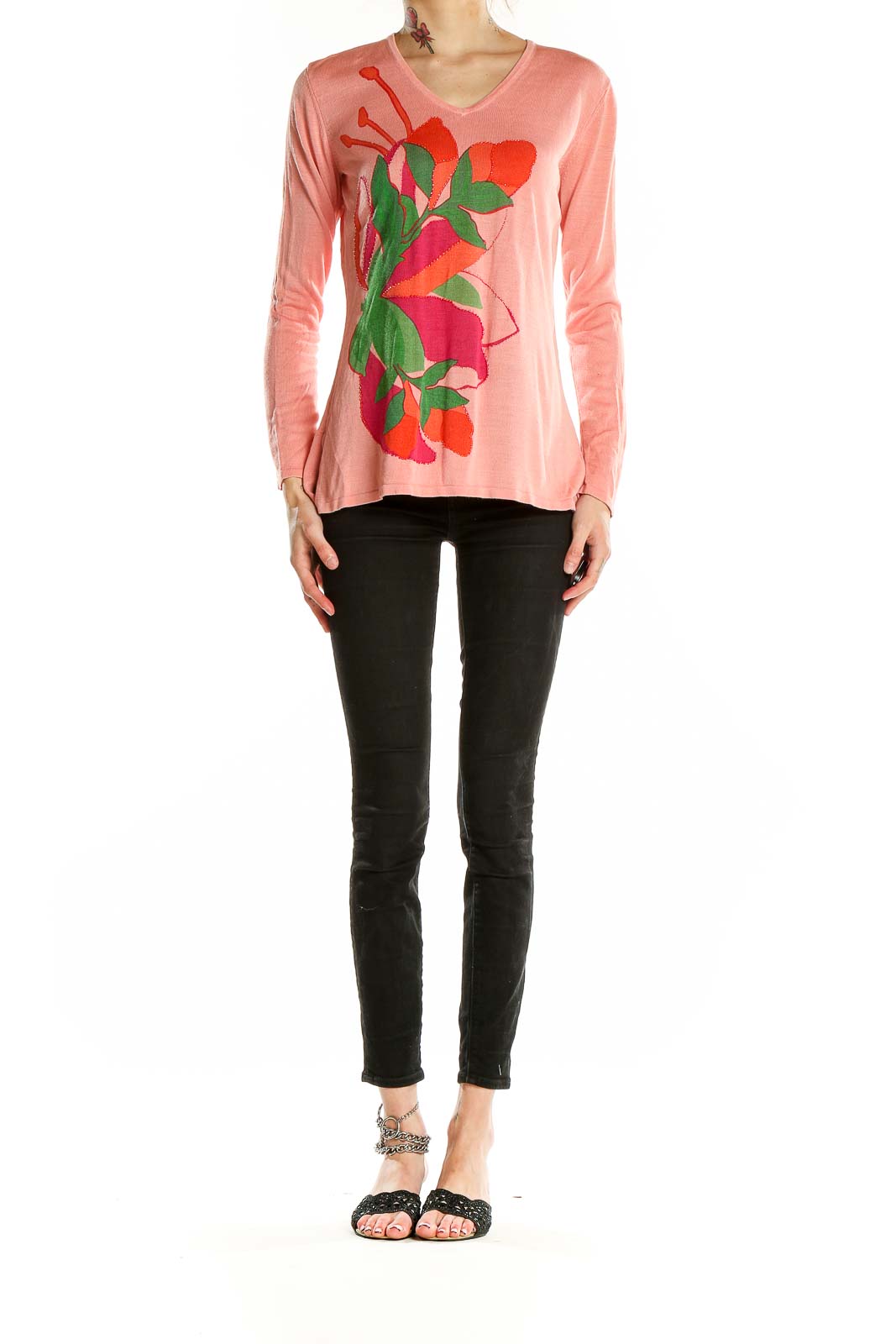 Front view of pink floral silk V-neck knit top by Silk Assets Diane Von Furstenberg