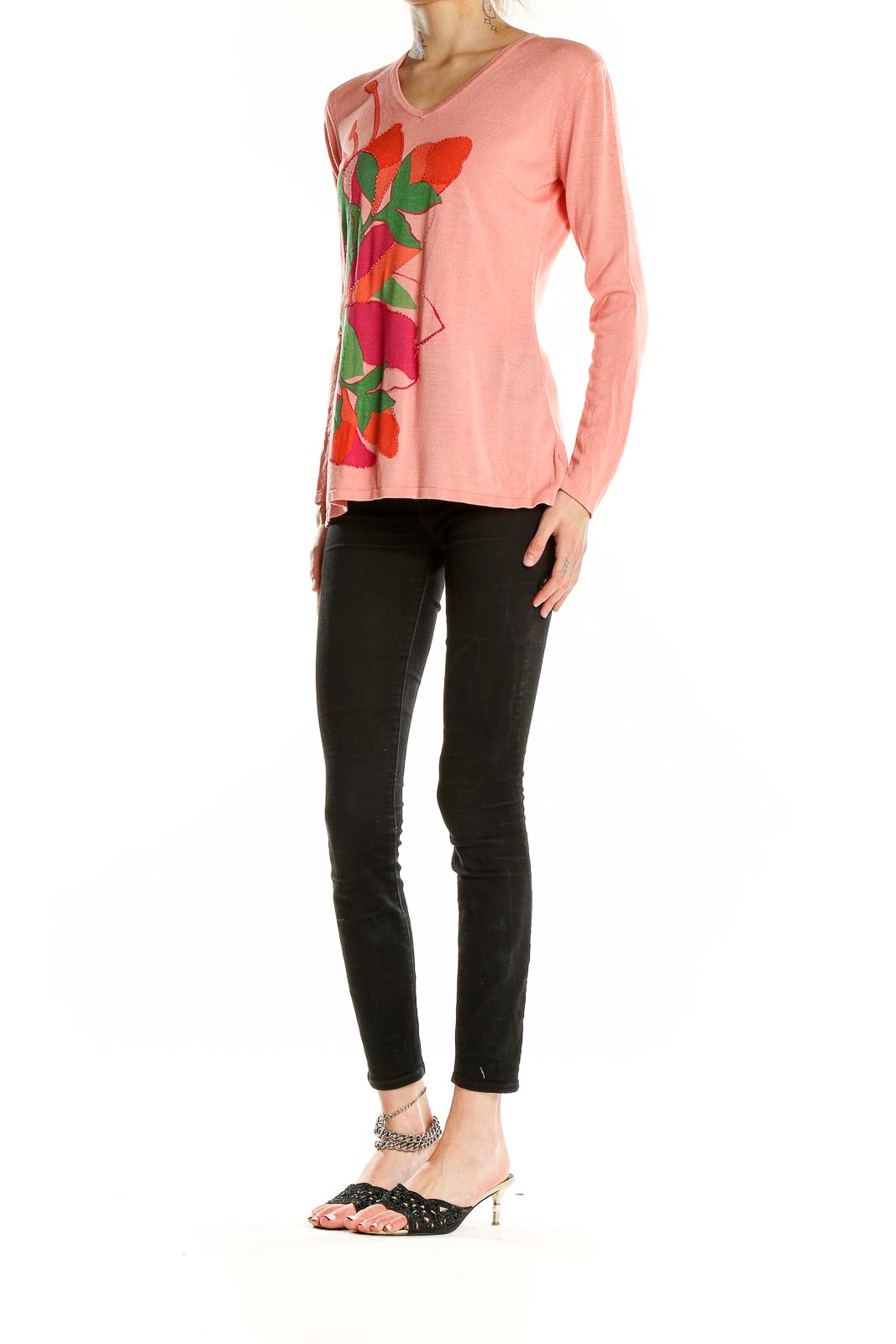 Front view of pink floral silk V-neck knit top by Silk Assets Diane Von Furstenberg