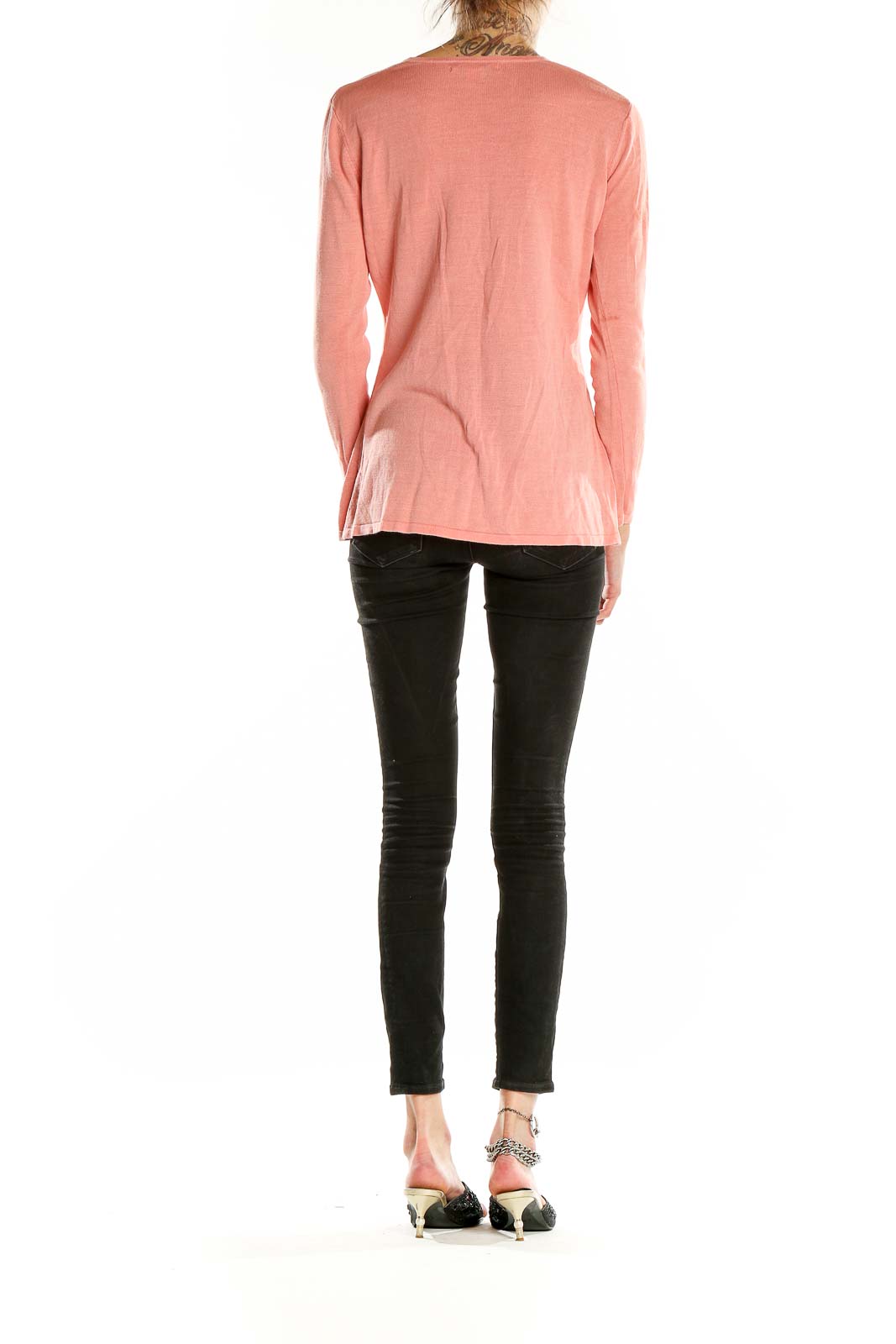 Side view of pink floral silk V-neck knit top by Silk Assets Diane Von Furstenberg