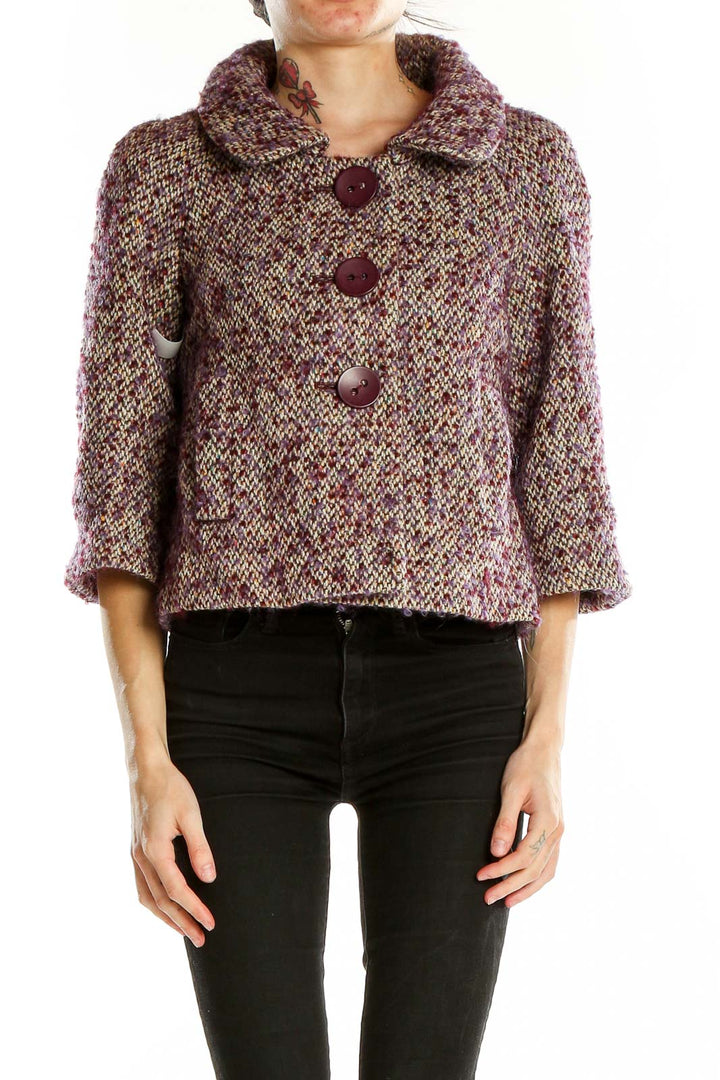 Front view of Hinge burgundy tweed cropped jacket with oversized buttons