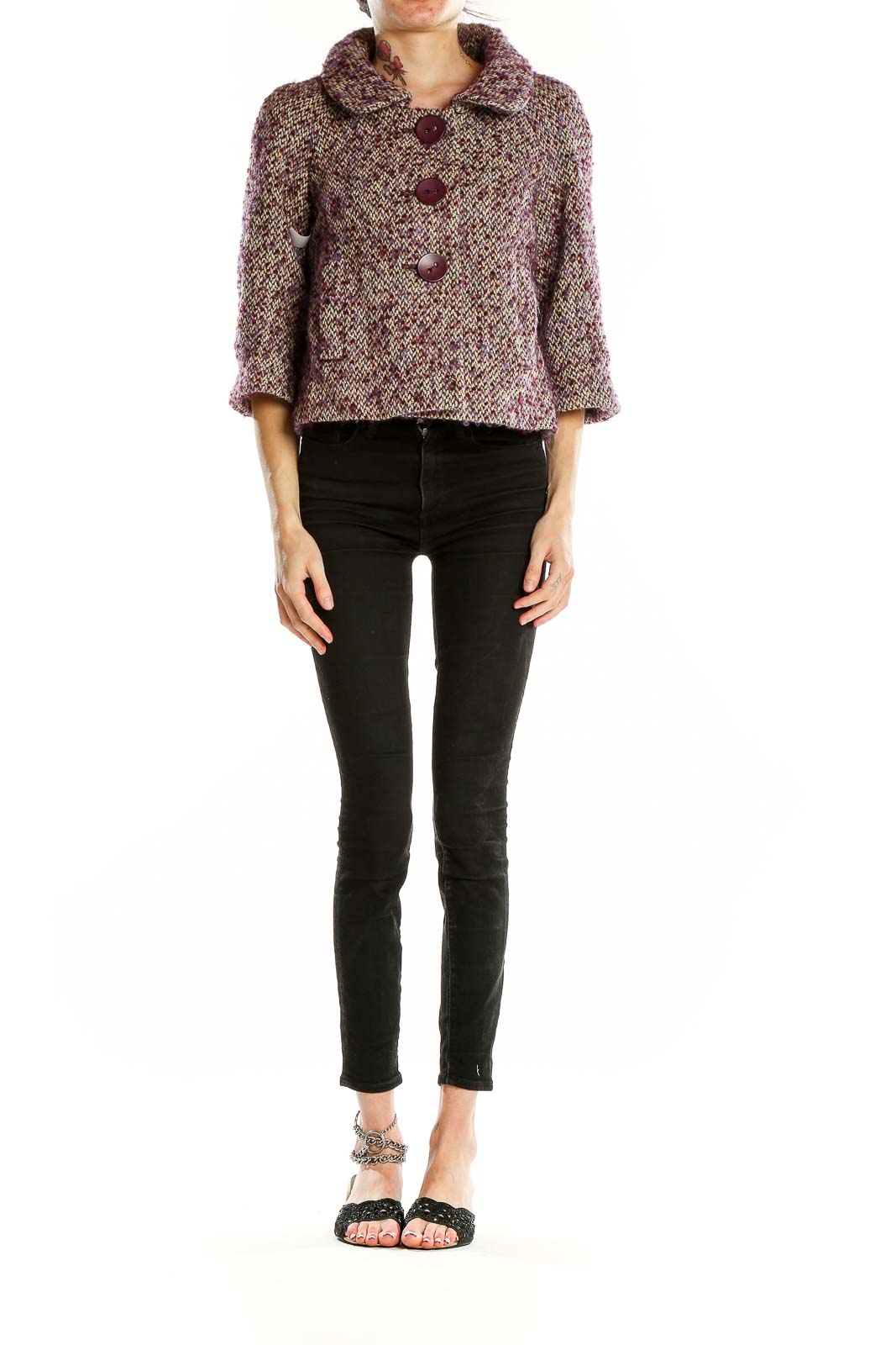 Front view of Hinge burgundy tweed cropped jacket with oversized buttons