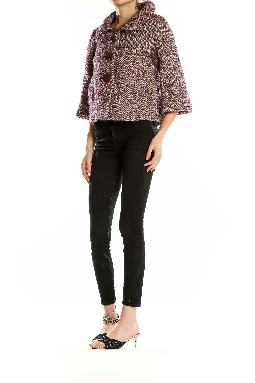 Front view of Hinge burgundy tweed cropped jacket with oversized buttons