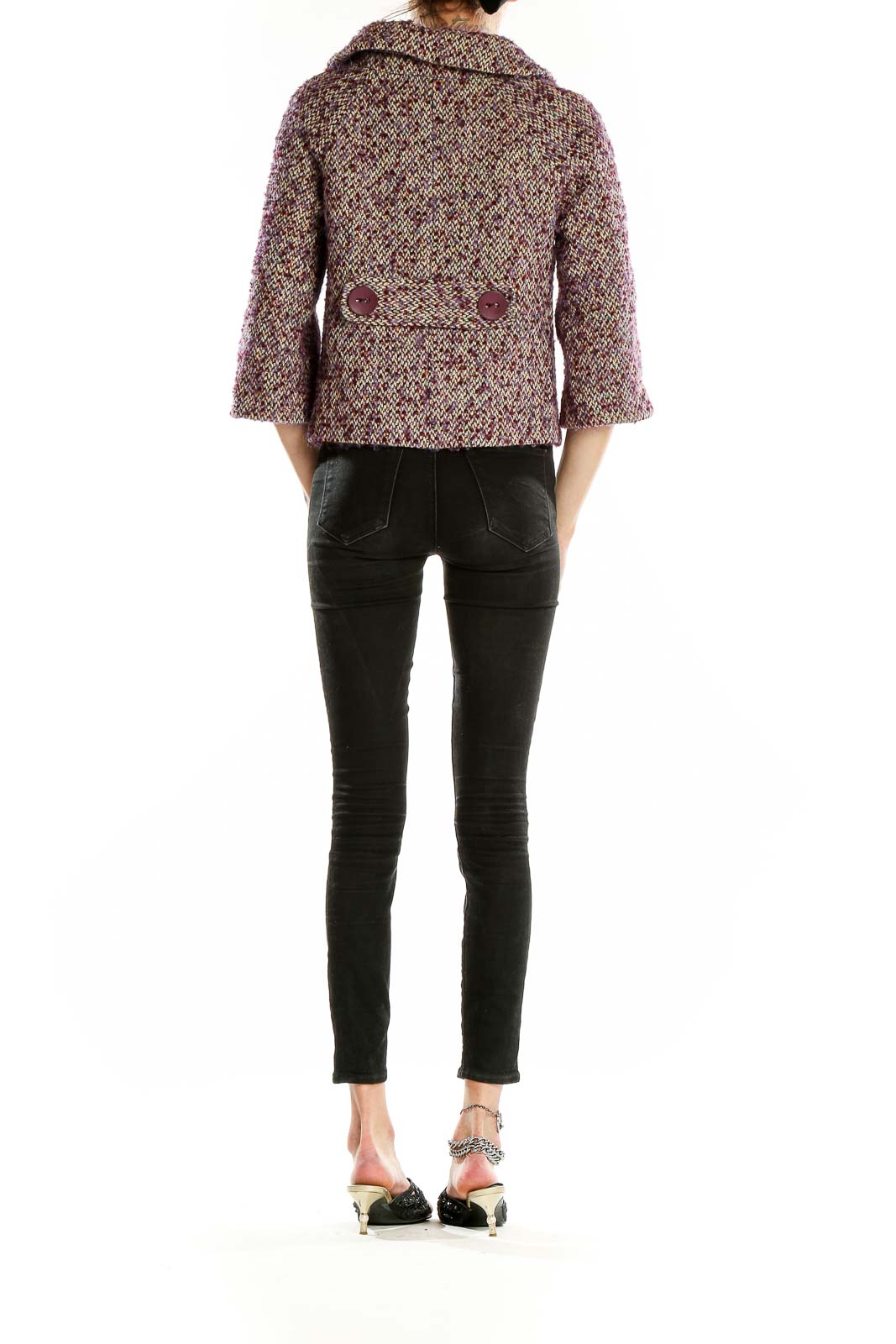 Side view of model wearing Hinge burgundy tweed cropped jacket with black pants