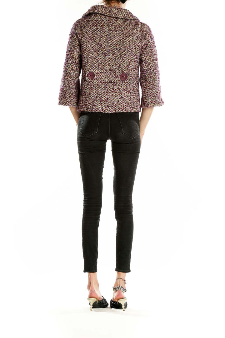 Side view of model wearing Hinge burgundy tweed cropped jacket with black pants