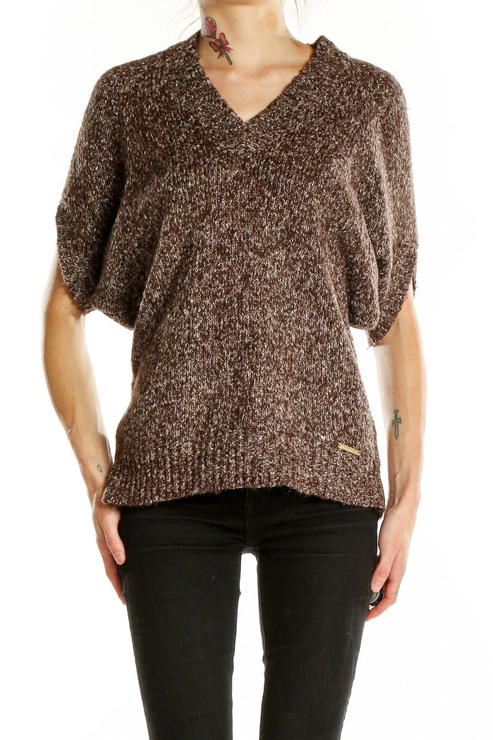 Front view of MICHAEL Michael Kors brown marled v-neck sweater with dolman sleeves